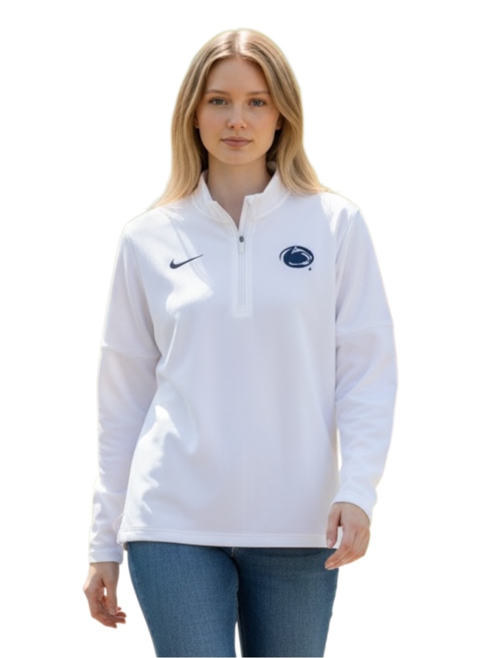 Nike White Women's Quarter-Zip Sweatshirt with Navy Logos